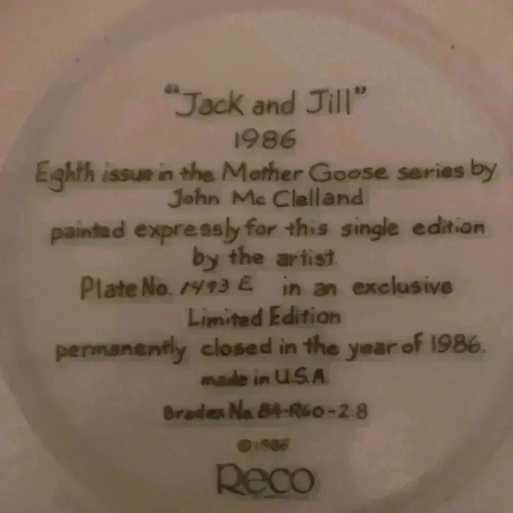 Jack and Jill Reco Mother Goose Collection 1986 vintage collectible plate - Picture 3 of 4